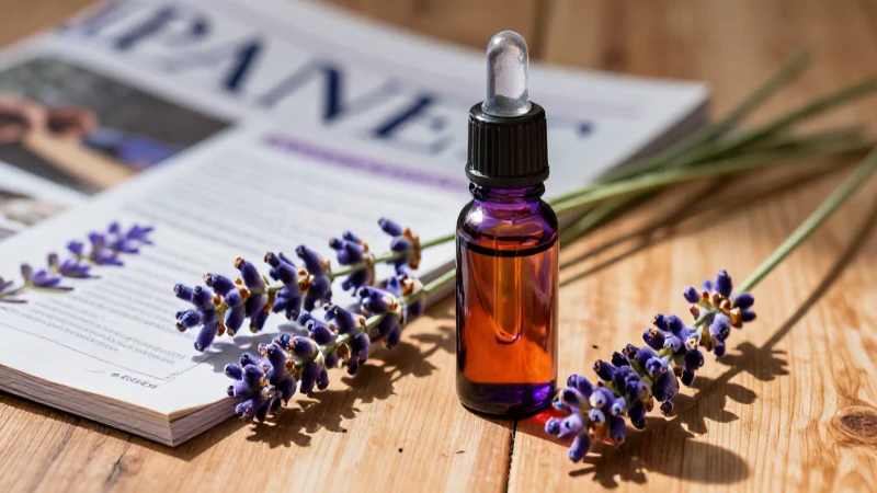 Aceite de lavanda sobre madera con estilo editorial