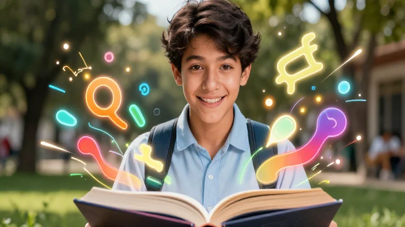 Estudiante entusiasta con símbolos de lenguaje modernizado