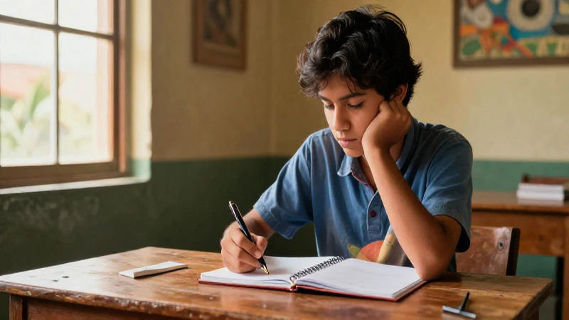 Estudiante pensativo en escritorio rústico, luz cálida