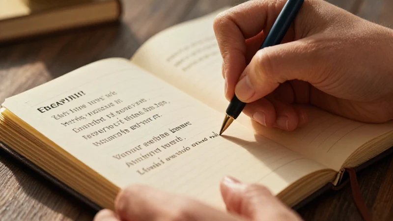 Manos elegantes escribiendo poesía en cuaderno antiguo