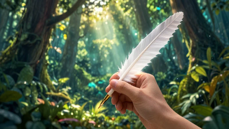 Mano con pluma brillante en bosque místico