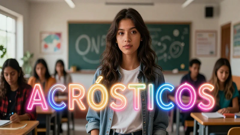 Estudiante mexicano inspirado rodeado de acrósticos creativos