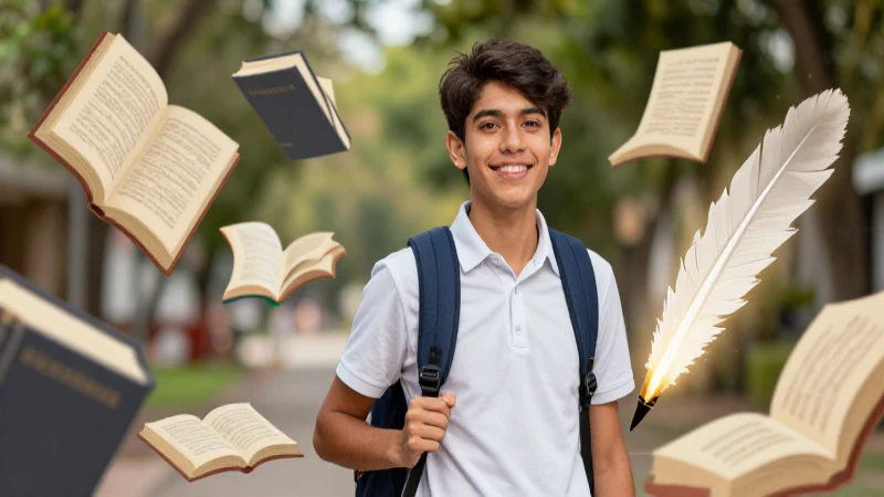 Estudiante mexicano vibrante en entorno literario dinámico