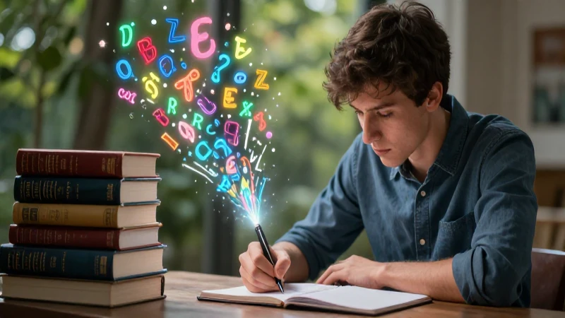 Joven creando poesía con libros en ilustración profesional