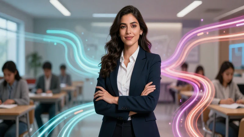 Mujer profesional moderna en un entorno educativo vibrante