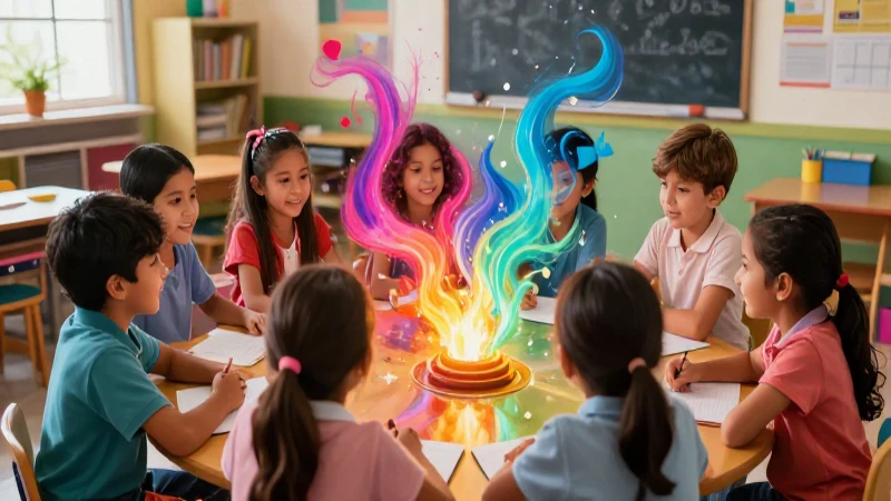 Niños diversos colaboran en un aula moderna y creativa