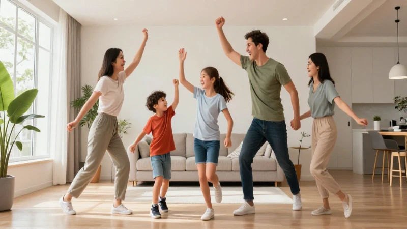 Activación física en casa: Mejora tu entrenamiento intenso 8 Familia feliz y activa en casa, con estilo profesional