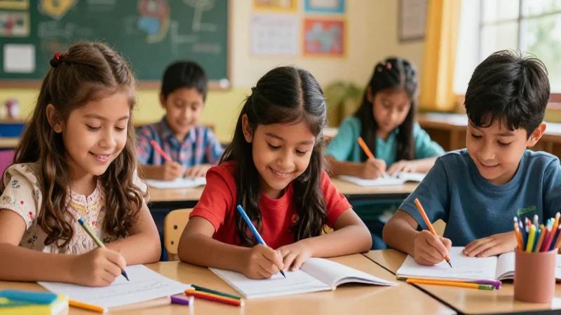 Niños felices escriben en vibrante salón mexicano