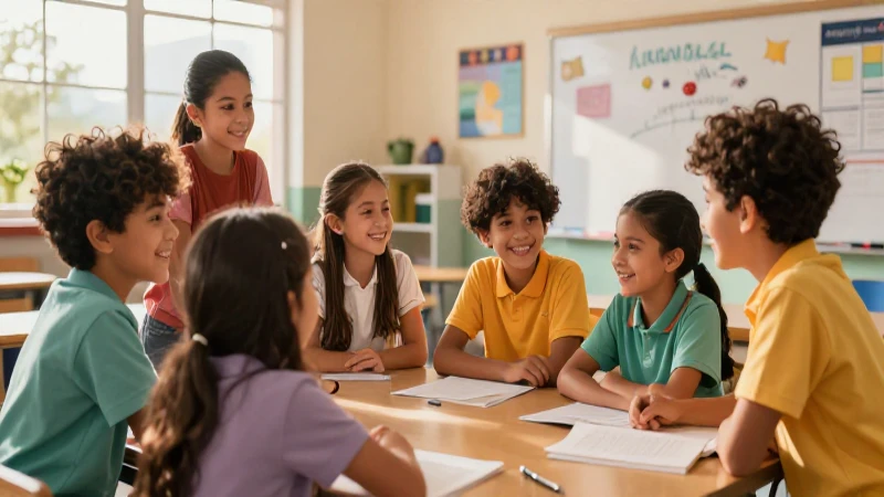 Estudiantes felices interactúan en un aula moderna