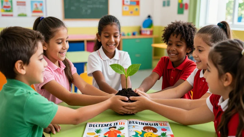 Estudiantes felices cuidan un arbol en aula moderna