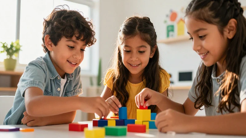 Niños mexicanos aprendiendo jugando con bloques