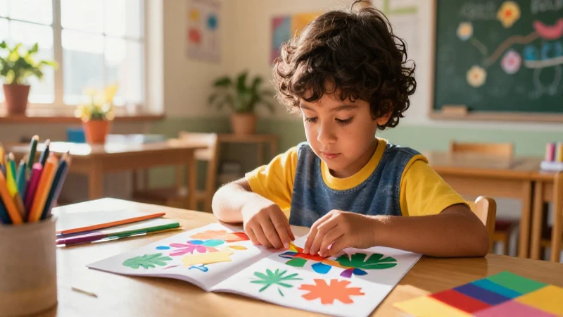 Actividades de lenguaje para preescolar: creatividad y juego 5 Niño creativo diseña manualidad colorida en aula moderna