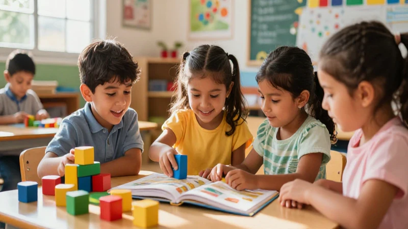 Actividades de lenguaje para preescolar: creatividad y juego 6 Niños jugando y aprendiendo en un aula soleada
