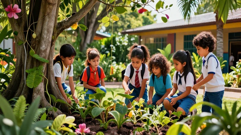 Niños jugando en un jardín vibrante y detallado