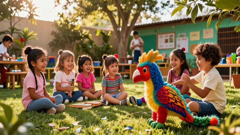 Niños alegres explorando un aula mexicana mágica