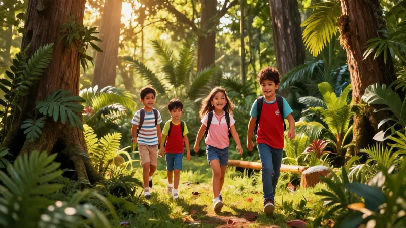 Niños explorando bosque con estética educativa