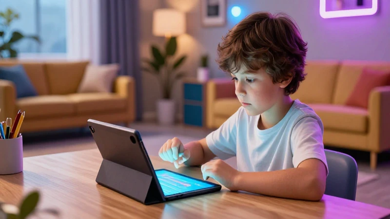 Niño estudioso en casa, iluminado, con tablet