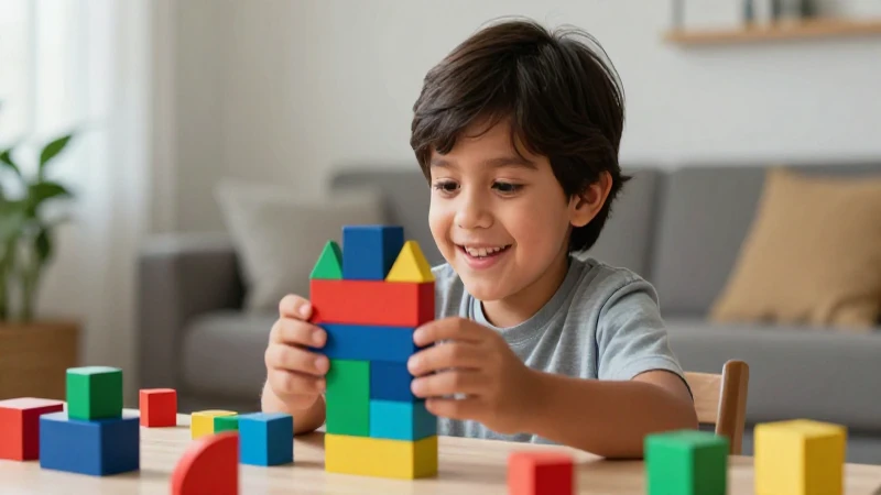 Niño mexicano sonriente jugando con bloques geométricos