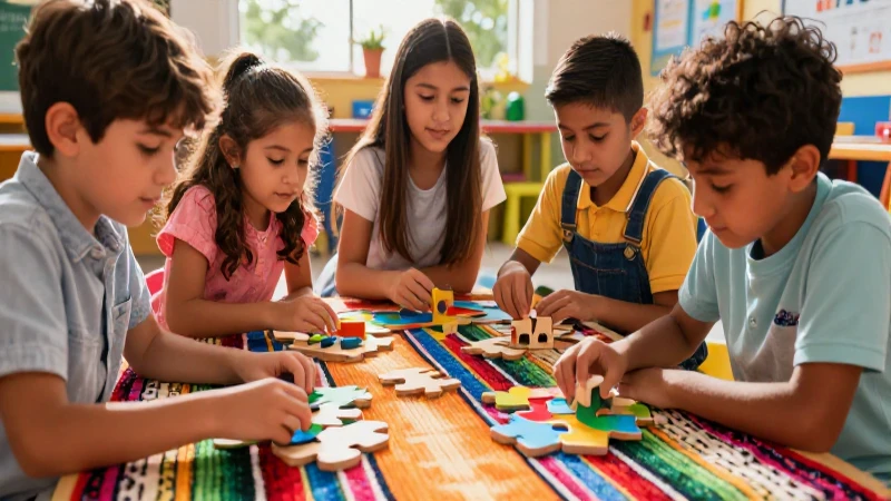 Niños mexicanos aprendiendo con rompecabezas y bloques