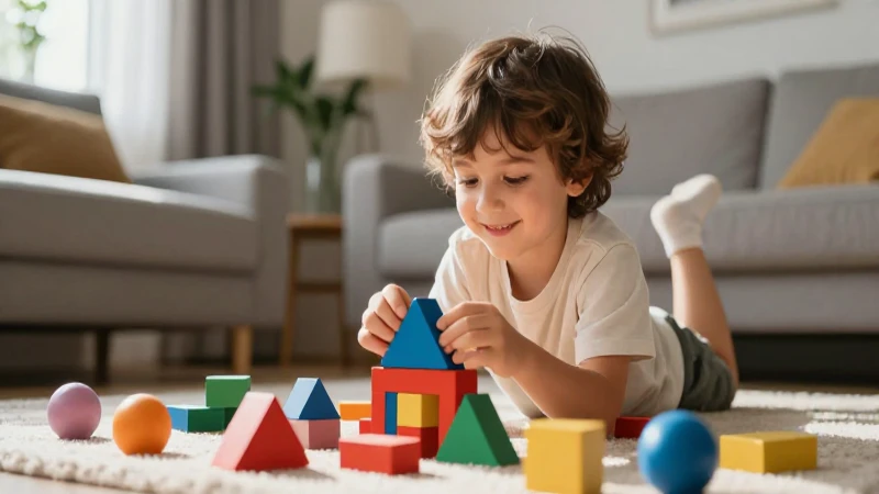 Niño feliz juega con bloques en sala acogedora