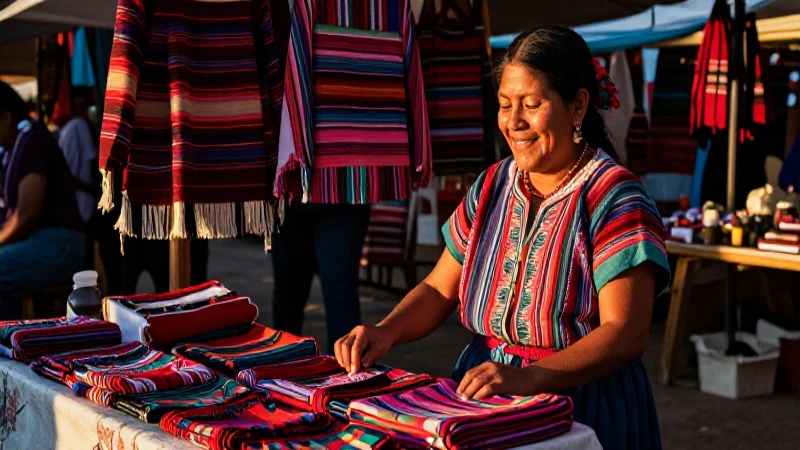 Actividades económicas de los zapotecas: cultura y tradición 4 Mercado zapoteca vibrante con artesana al atardecer