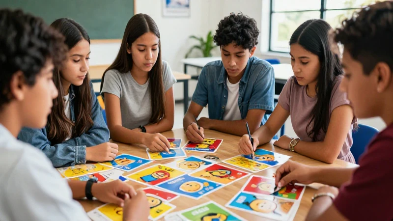 Mexicanos aprendiendo con tarjetas coloridas