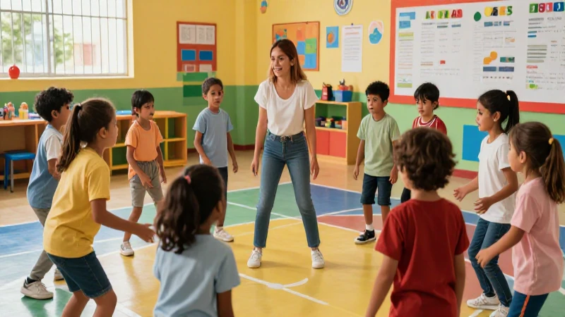 Niños jugando en vibrante gimnasio de educación mexicana