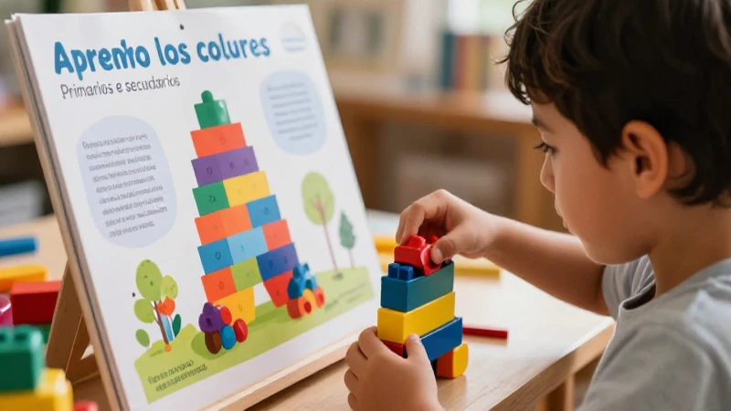 Niño sonríete aprendiendo colores con bloques vibrantes