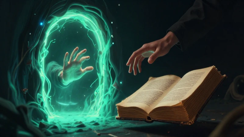 Misterioso portal, mano y libro flotante