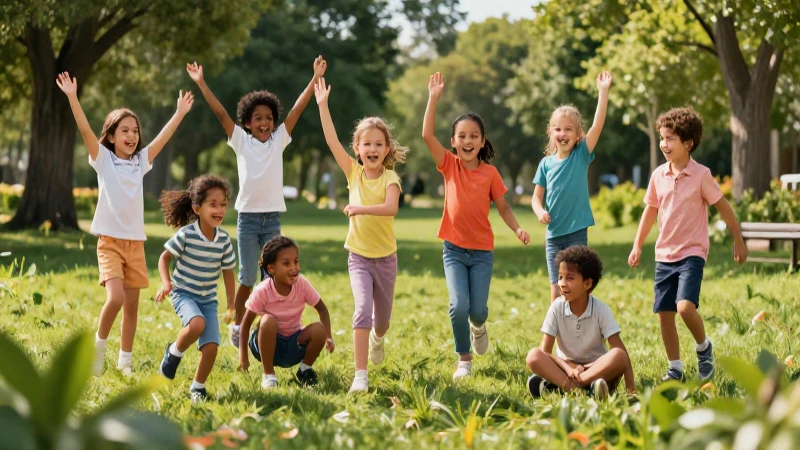 Niños diversos juegan felices en un parque vibrante