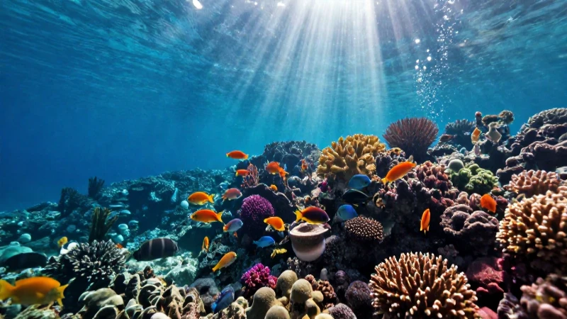 Coral vibrante con peces tropicales en agua cristalina