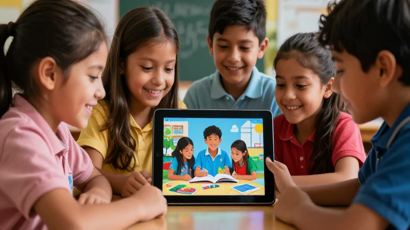 Niños mexicanos aprendiendo con tablet educativa