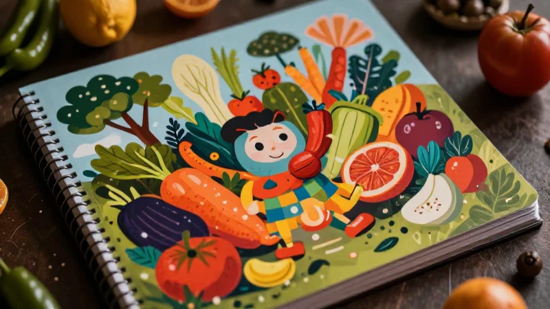 Ilustración vibrante de vegetales y frutas educativas