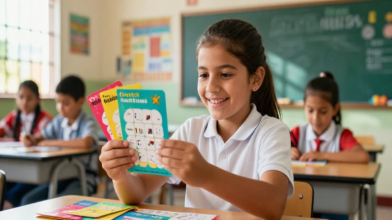 Alumno sonriente con tarjetas de adivinanzas en un aula
