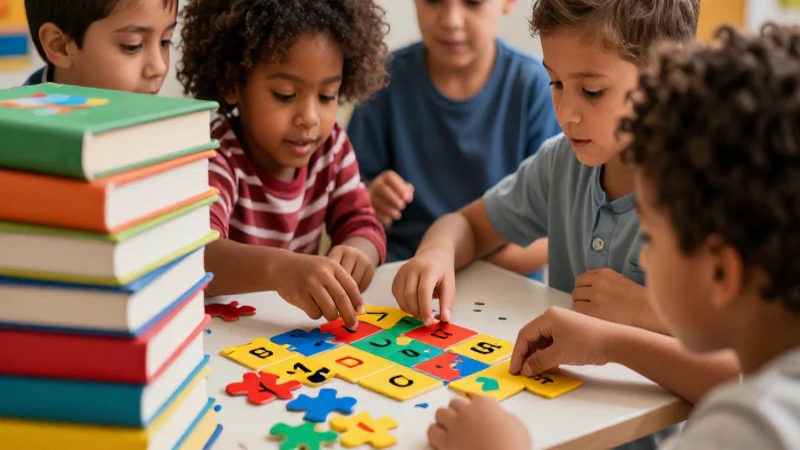 Niño resuelve acertijo en ilustración educativa vibrante