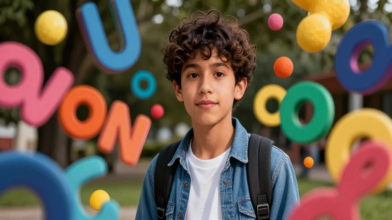 Estudiante mexicano rodeado de formas vibrantes