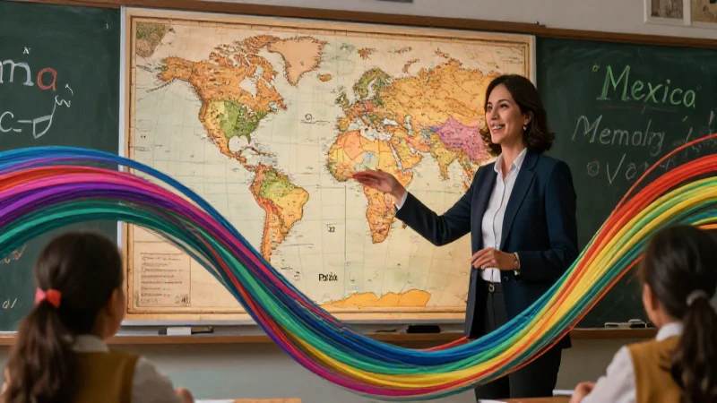 Educador mexicano moderno con aula vibrante y dinámica