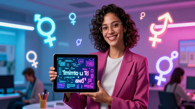 Educadora vibrante presenta gramática digital en ambiente moderno