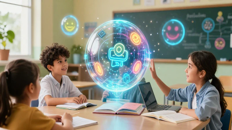 Estudiante aprende con esferas emocionales en clase vibrante