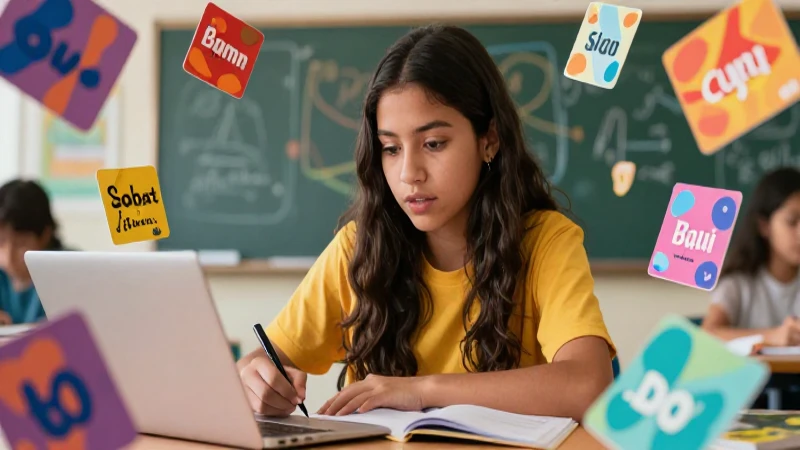 Estudiante vibrante aprende con vocabulario colorido