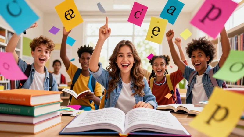 Ilustración dinámica de estudiantes y gramática