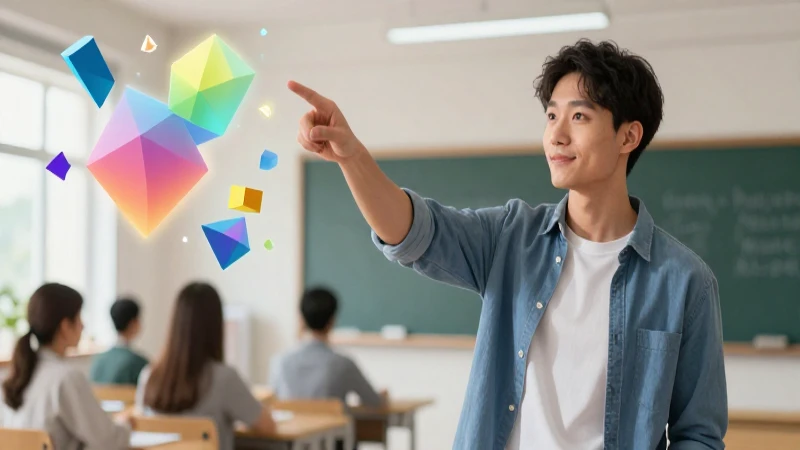 Estudiante señalando formas abstractas luminosas en entorno moderno