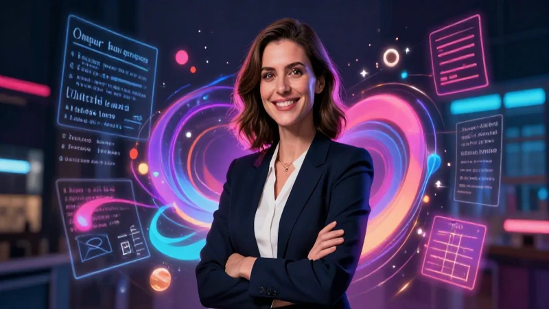Adjetivos Ejemplos: 100 Ejemplos Clave y Explicativos 8 Educadora profesional vibrante con elementos abstractos de lenguaje