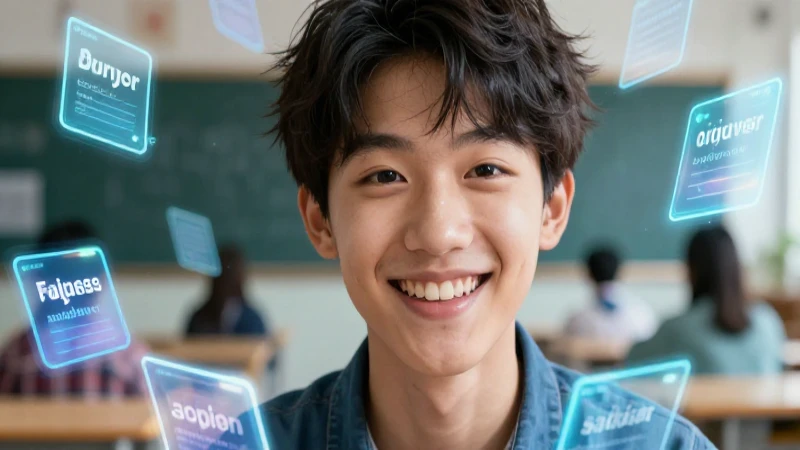 Estudiante sonriente aprende inglés con hologramas