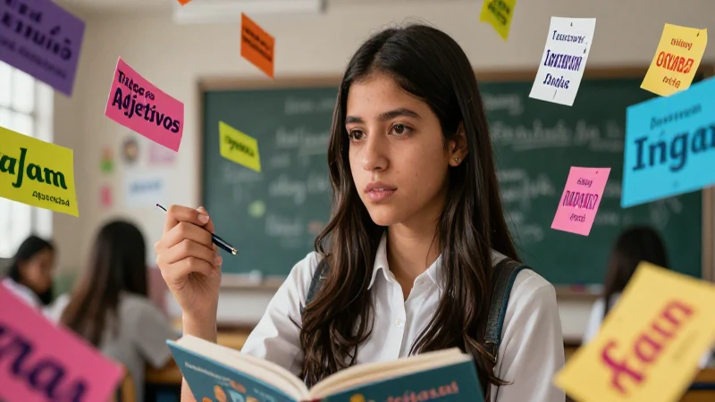 Estudiante enfocado en vocabulario de adjetivos