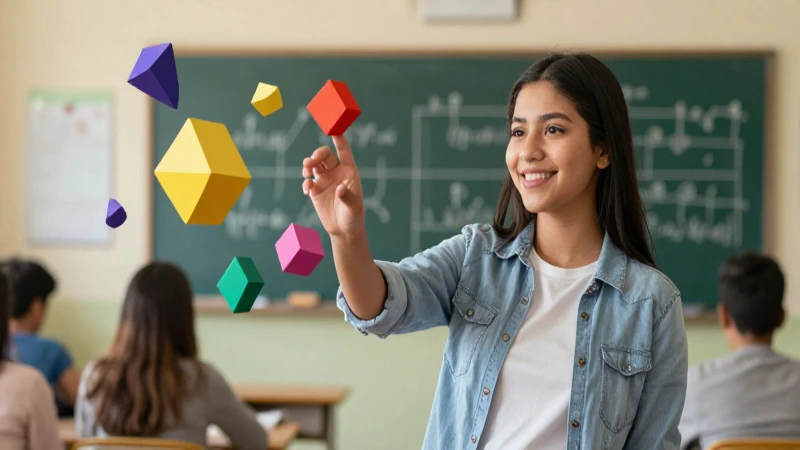 Estudiante sonriente con formas geométricas abstractas