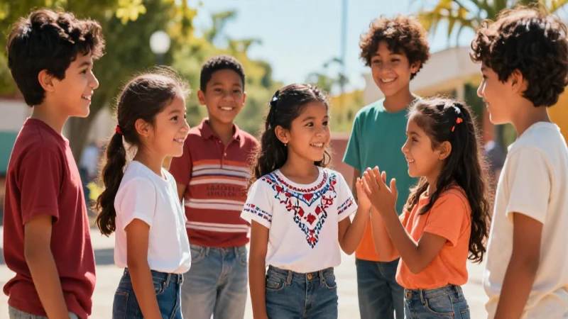 Ilustración vibrante de niños mexicanos celebrando la unidad