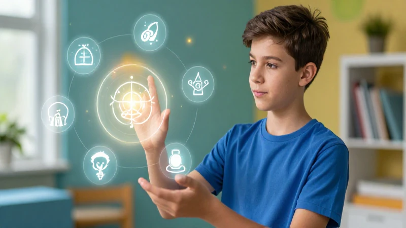Joven dinámico interactúa con iconos de desarrollo cognitivo