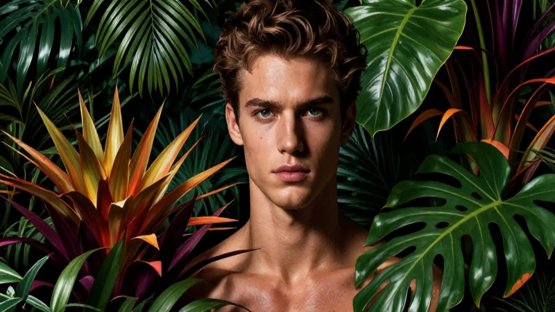 Hombre clásico en selva tropical con iluminación dramática