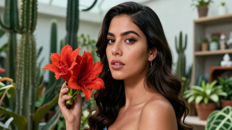 Modelo hermosa con adorno de flor en ambiente botánico moderno